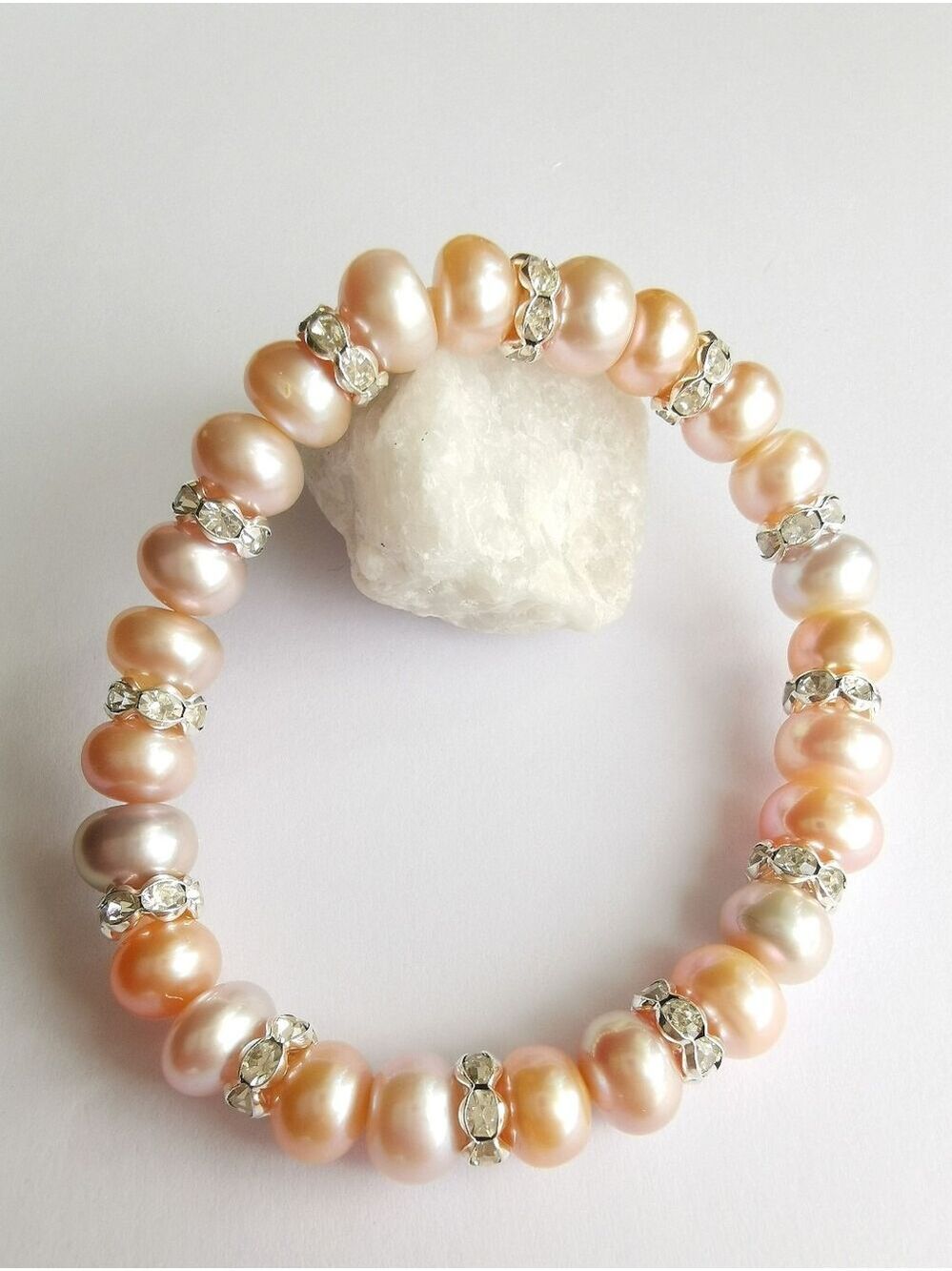 Blush Pink Freshwater Pearl Sterling Silver CZ Rondelle Bracelet Stretch